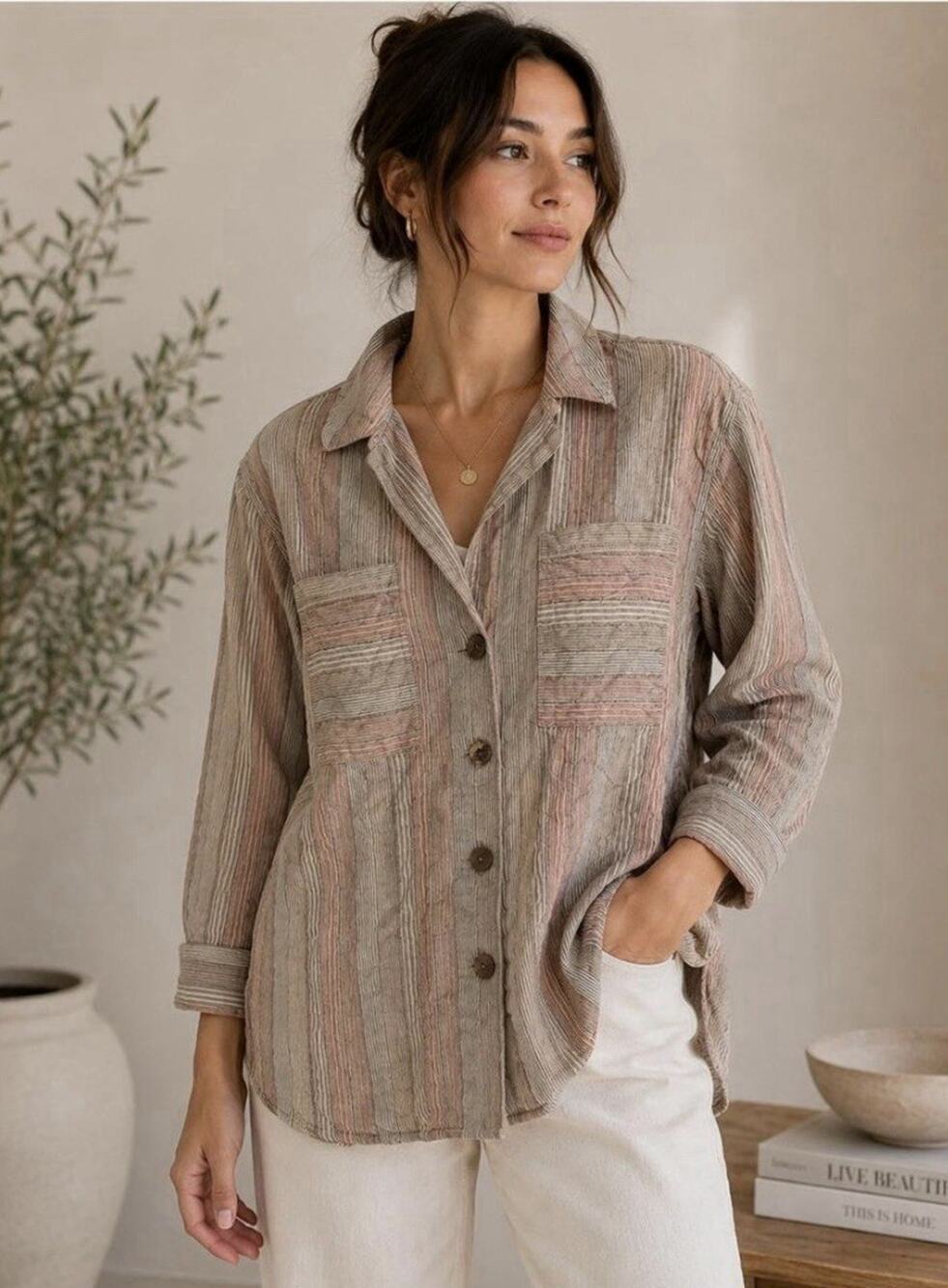 Free People High Tide Striped Crinkle Cotton Button Down Shirt Sz S Boho Earthy